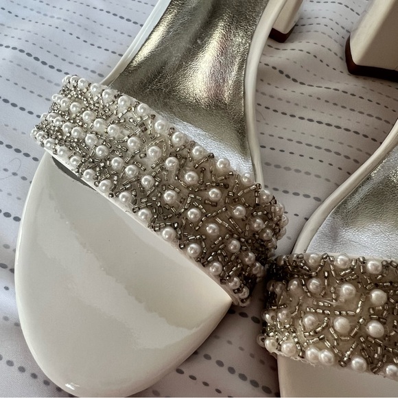 White Beaded Heels, Open-toed, Adjustable Ankle Strap - Picture 2 of 8